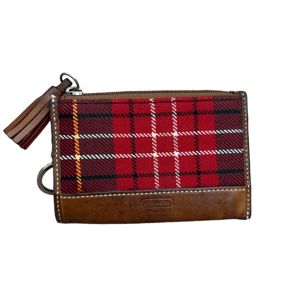 Coach Red Wool Coin Pouch Tan Leather Trim Used Condition Keychain Coin pouch - Picture 2 of 7